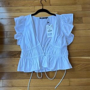 Zara flutter sleeve tie front white blouse, NWT, size S